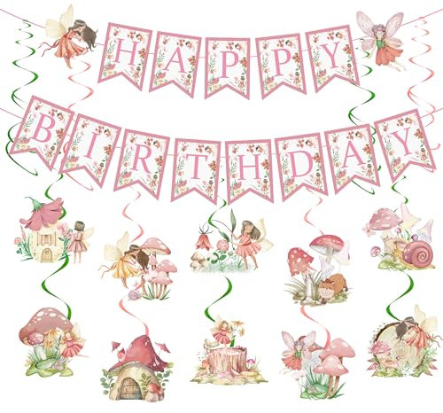 Fairy Party Decorations Pink Set - 16 Pcs Fairy Spirals Streamers DIY Banner Butterfly Mushroom Hanging Swirls For Girls Baby Shower Wedding Pink Floral Theme Birthday Party Decorations Supplies