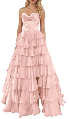 Vhersily Damen Trägerlose Ballkleider mit Korsett aus Mousseline de Soie Formale Abendkleider mit Schlitz, Frühlingskleidung, Sexy Kleidung, Curvy, Zeremonie, Brautjungfer, Medium