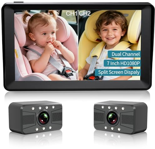 HUBOOK Dual Baby Car Camera | 7-Inch Split Screen Watches Two Rear Car Seats At Once; 1080P Infrared Night Vision; Plug-And-Play Setup For Family Travel