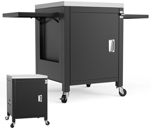 Denmay Grilltischwagen Outdoor Küchenwagen mit 2 klappbaren Seitentischen, Tragbarer Grillwagen für Onni Pizzaöfen, Grillständer für Ninja Woodfire und Weber Q Serie, Praktischer Gartenschrank