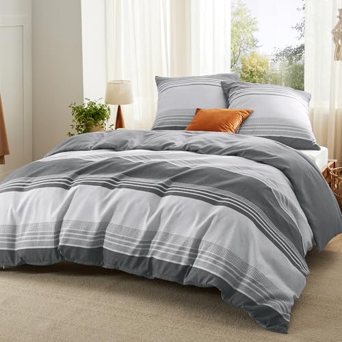 BEDSURE Bettwäsche 200x200 3teilig Bettbezug - Bettwäsche-Sets Grau 200 x 200 cm mit 2 Kissenbezüge 65x65 cm, ÖKO-TEX Wendebettwäsche Bedding Grau Gestreift Muster mit Reißverschluss