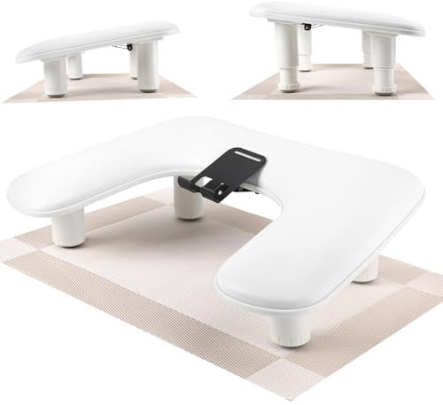 Reposabrazos para manicura con soporte giratorio para teléfono para técnicos de uñas, reposamanos ajustable en forma de U para uñas, cuero PU, Apoyos para las manos (Blanco)