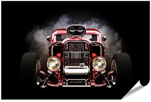 islandburner XXL Bild Poster Roter Hotrod mit Rauch und schwarzen Hintergrund Premium Bilder 130x90cm