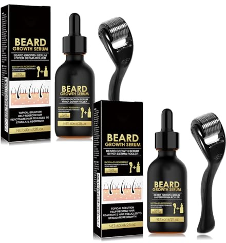 Bartpflege-Set mit Bartroller & Serum - Biotin & Rosmarinöl für Männer, Pflegt und Macht Barthaare Weich, Leichte Nicht Fettende Formel (2pcs)