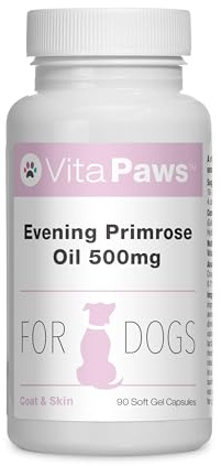 VitaPaws Evening Primrose Oil 500mg for Dogs | 90 Softgel Capsules | A natural source of omega 6 fatty acids | Nutritional support for normal skin and coat condition | Made in the UK