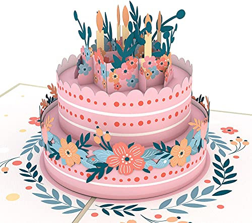 Lovepop® Geburtstag 3D Pop-Up Karte Geburtstagskarte rosa Blumen-Torte Geburtstagstorte floral birthday cake | inkl. Premium Umschlag | Versteckfach für Geld & Gutscheine