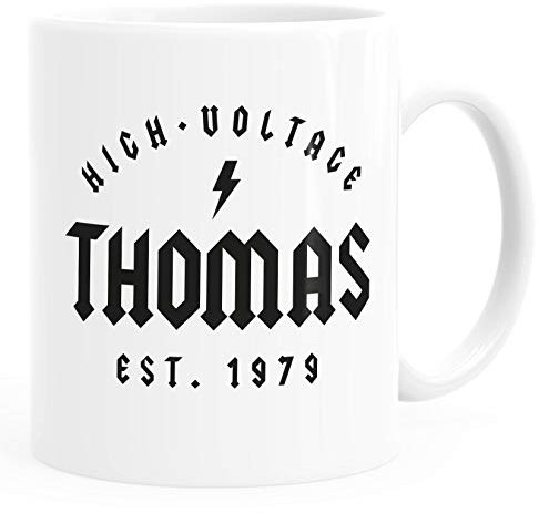 Moonworks® Tasse Geschenk Geburtstag personalisierbar Schriftzug High Voltage anpassbarer Name und Geburtsjahr Kaffeetasse weiß Keramik-Tasse