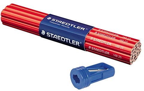 STAEDTLER 148 25 Zimmermannbleistift oval, Strichbreiten von 1-2 mm, Länge 243 mm, ungespitzt (12er-Pack + Spitzer)