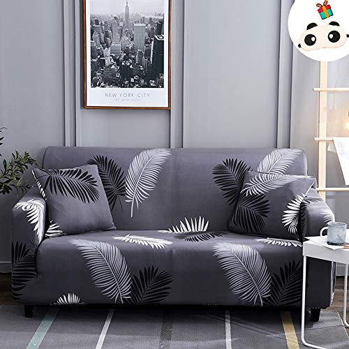 Enhome Schonbezug für Sofa, 1/2/3/4 Sitzer Elastisch Sofabezug Spandex Stretch Protector Tropische Pflanzen Couchbezug Sofa Überwürfe Abdeckung Hussen mit Armlehne (1 Sitzer,Schwarze Feder)