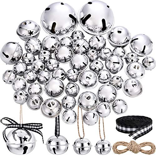 50 Stück Kling Glöckchen mit Stern Ausschnitten Anhänger Metall Weihnachten Schlitten Glocken Verschiedene Größen für DIY Dekoration Weihnachtsbaum Kranz Girlande Ornamente (Silber Glocken)