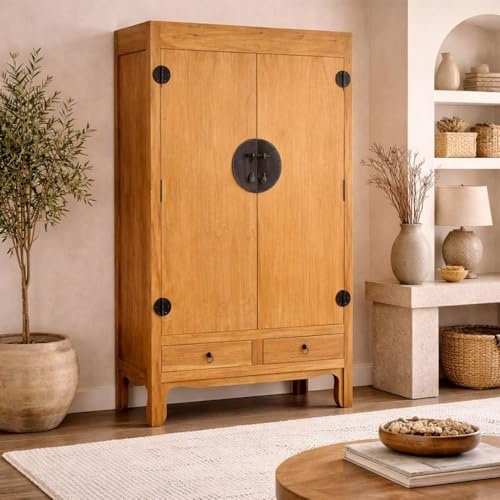 LEBENSwohnART Asia Hochzeitsschrank Natural 105x175x45cm China Kleiderschrank aus Mahagoni