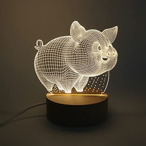 Tiardey Warmgelb LED Tisch Schreibtischlampe Nachtlicht Acryl Wohnung Mit Holzsockel Für Hauptdekoration Brithday Geschenk - 3D Abstraktes Schwein