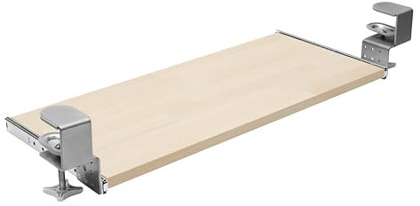 FIX&EASY Tastaturauszug klemmbar mit Tastaturablage 600X300mm buche Holz massiv, Tischklemmen höhenverstellbar silber, Schienen verzinkt 300mm, Auszug für Tastatur Maus Keyboard und Laptop Ablage