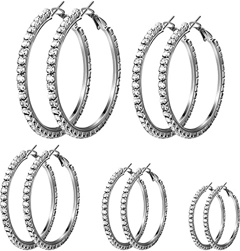 Kigeli 5 Pairs Silver Rhinestone Hoop Earrings, 3-7cm Crystal Hoops