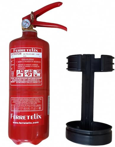 Ferretelix® Extintor de Polvo ABC 2 kg | Homologado CE | Incluye Soporte de Montaje | Uso Doméstico, Vehículos, Oficinas y Comercios (Peso total 3 kg)