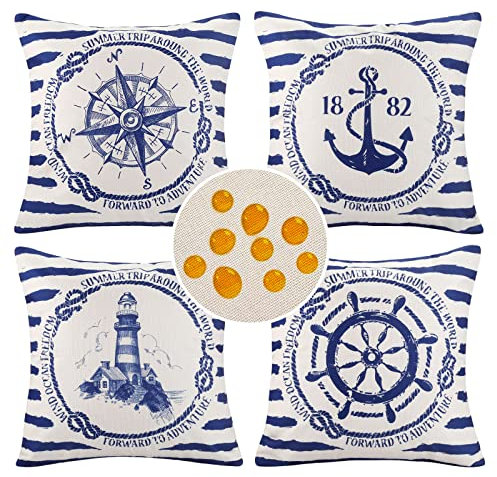 Set di 4 Federe Cuscini 40 x 40 cm Ocean Navigation Anchor Faro Bussola Modello Timone Cuscini Divano Vintage con Strisce Blu Copricuscino in Cotone e Lino Impermeabile con Cerniera Invisibile