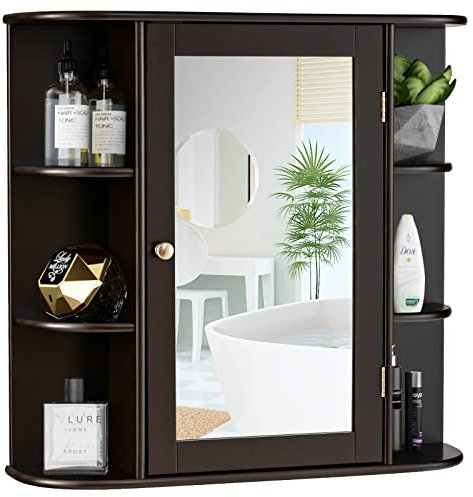 GIANTEX Armoire Murale Salle de Bain avec Miroir, Meuble WC Suspendu avec Portes-Miroir et Étages Réglables, Étagère de Rangement en 6 Niveaux,17 x 65 x 64 cm, Marron