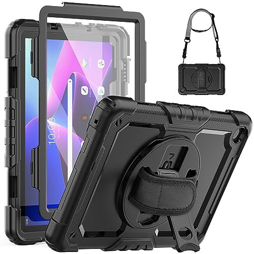 SEYMCY for Lenovo Tab M10 Plus 3rd Gen 10.6 Inch Case 2022, Full-body Shockproof Cover with 360° Rotating Hand Strap & Stand, Screen Protector, Carrying Strap for TB125FU, TB128FU, TB128XU, Black