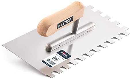 NEYNOR Zahnkelle 12 mm - Profi Edelstahl Glättekelle - Zahnspachtel zum Verlegen von Fliesen - Ergonomisch Griff - Made in EU - 270 x 130 mm