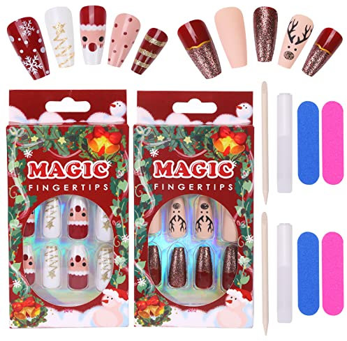 MELLIEX Christmas Fake Nails Artificial Full Cover Press on Nails, 48 Pieces Xmas Coffin False Nail Tips Santa Claus Snowflake Elk Nail Art Decorations with Nail Glue and Nail Files