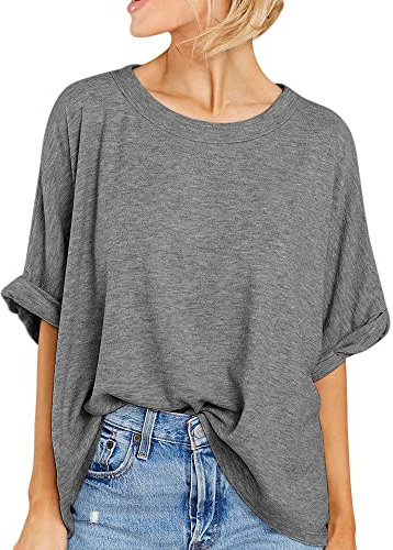 GeGekoko Damen T-Shirt Sommer Kurzarm Rundhals Oberteil Locker Frauen Casual Lose Tops Elegant Bluse,Grau,L