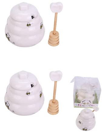 XIZHI 2Pcs Cute Ceramics Mini Honey Jar with Dipper and Lid Beehive Style Honey Pot for Home Kitchen Store Honey and Syrup, White 3 Inch