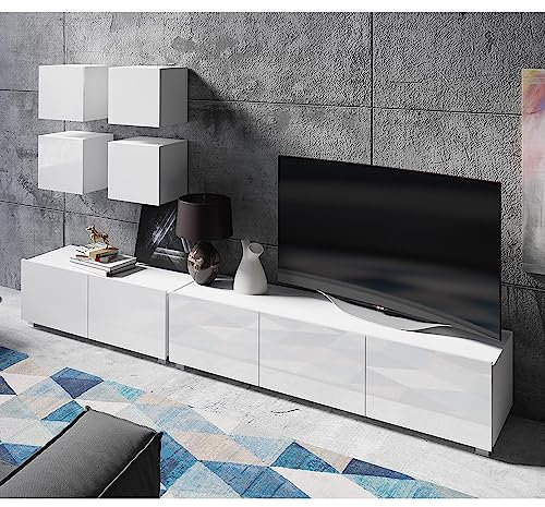 Lomadox Wohnwand Anbauwand weiß Hochglanz 6-teilig Modern, mit 2 TV-Lowboards, 4 Regalwürfel
