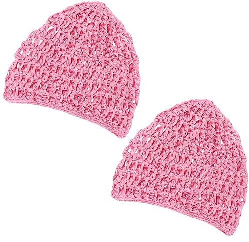 Geyoga 2 Stück Netz-Häkelhaarnetz, Viskose, gestrickt, Schlauchmütze, Abdeckung, gehäkelt, Duschhaube, Schlafmütze für Damen, Pink, Medium