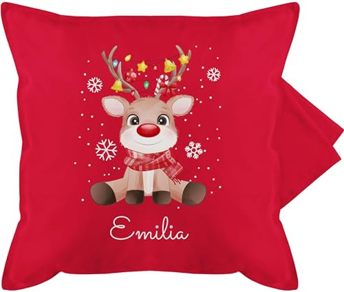 Kissenbezug - Weihnachtskissen Christmas Geschenke - Süßes Rentier mit Name Wunschtext I Geschenk Rentier Weihnachten I Rudolph Reindeer Rudolf - 50 x 50 cm - Rot - weihnachtskissenbezug
