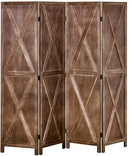 HOMCOM Paravent intérieur 4 Panneaux 182 x 170 cm Style campagnard Chic - séparateur de pièce avec croisillons - Bois de Paulownia Noyer