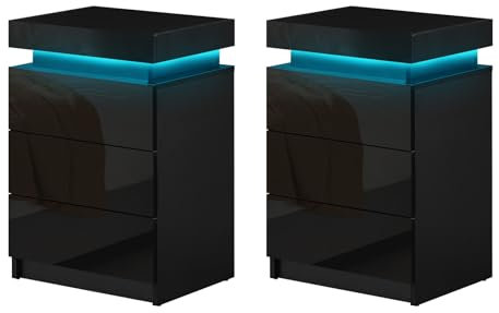 CLIPOP Set of 2 LED Bedside Table with 3 Drawers, Gloss Front Bedside Cabinet with Flip Cover, Modern Black Nightstand with Adjustable LED Light for Bedroom Living Room