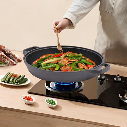LUNICASHA Bratpfanne Induktion, Premium Gusseisen Brutzelpfanne, Gusseisenpfanne Rund, Grill Pfanne mit doppelten Griffen, Gusspfanne Schmorpfanne, Geeignet für alle Herdarten, 25CM