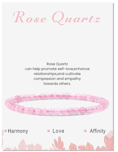 LOCCY Echtes Naturstein Armband für Damen, 4mm Perlenarmband Yoga Armband für Muttertag Geburtstag Valentinstag Geschenke für Mama Tochter Oma Enkelin Schwester (Rosenquarz)