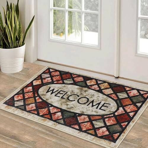 Falflor 50x80cm Door Mat Indoor Dirt Trapper Mats Low Pile Front Doormats Non Slip Entrance Rug Welcome Rug for Pets and Dogs Front Back Door Bathroom(Brick-Red)