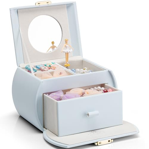Vlando Spieluhr Schmuckkästchen Leder, Schmuckkästchen Mädchen mit Schubladen, Schmuckkästchen Kinder, Ballerina Schmuckschatulle mit Kanon Melodie, Geschenke für Mädchen, Sanftblau