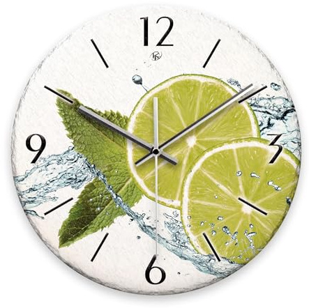 Kreative Feder Wanduhr „Limette“ aus Stein (Keramik) in Schiefer-Optik; Durchmesser 30cm; mit leisem Uhrwerk (Limette, leises Funkuhrwerk)