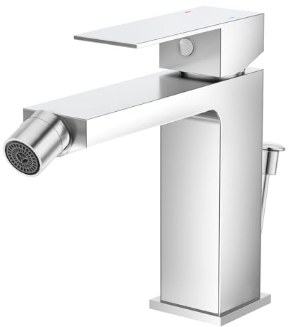 Faustina Rubinetto per Bidet WC con Tirante e Piletta, Miscelatore Monoelmo Bidet in acciaio inox regolabile con giunto sferico Ottone, Cromato Lucido