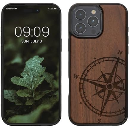 kwmobile Wood Case Compatible with Apple iPhone 16 Pro Max Case - Cover - Navigational Compass Dark Brown