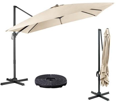 COSTWAY Parasol Déporté 3x3M, Parasol Rectangulaire, Parasol de Jardin Extérieur avec Base Croisée et Lestage de Parasol, Parasol Inclinable avec 3 Réglages d'Inclinaison et Rotation à 360° (Beige)