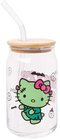 Silver Buffalo Sanrio Hello Kitty - Vaso de cristal con tapa de bambú y pajita de vidrio, diseño de Frankenstein, para Halloween, 473 ml