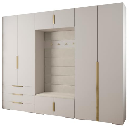 MEBLE KRYSPOL Inova 1 Möbelset - Moderne Garderobe - für Schlafzimmer, Wohnzimmer, Flur, Kinderzimmer - Ankleidemöbel - 236,7x300x47cm - Weiß, Paneele Manila 02, Handgriff Gold