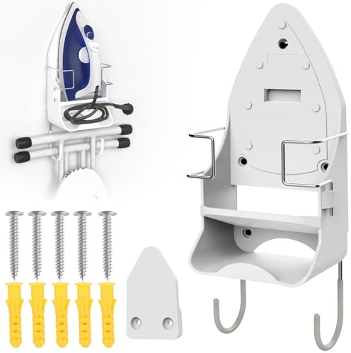 Dolenor Wall Mount Iron,Ironing Board Hanger for Household Bathroom and Laundry Room, Electric Iron Holder with Hook-for Max 5.4 (White)