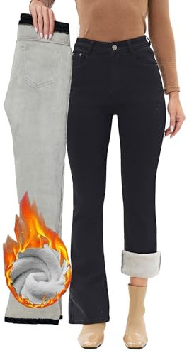 Fakanhui Jeans da donna foderati in pile svasati Bootcut invernali foderati in flanella termica jeans jeans in denim caldo, Nero , XXL