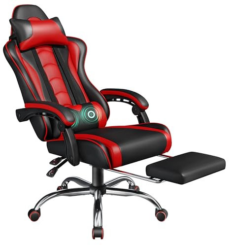 Yaheetech Gaming Stuhl Ergonomischer Gamer Stuhl mit Massagefunktion Computerstuhl mit Fußstütze Bürostuhl 90-135° Rückenlehne verstellbar Gaming Sessel PC Stuhl Rot
