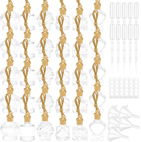 Waltool 30 Pcs Clear Glass Car Air Freshener Diffuser with Wooden Caps & Hanging String, Empty Essential Oil Bottles Aromatherapy Fragrance Perfume Vials Holder for Car Decor