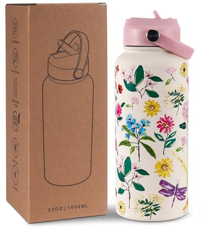 Goetland Flowers Water Bottle 1l Beverage Bottle with Straw Lid Stainless Steel Wide Mouth Vacuum Insulated Cute UV Printing Leak Proof for Women Girls Kids Little Pink