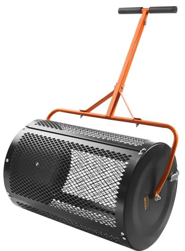 VEVOR Compost Spreader and Peat Moss Spreader, 24 Push/Tow-Behind Roller Lawn Spreader with Height Adjustable T Shaped Handle, Steel Mesh Basket Garden Spreader for Spreading Manure Topsoil, Black