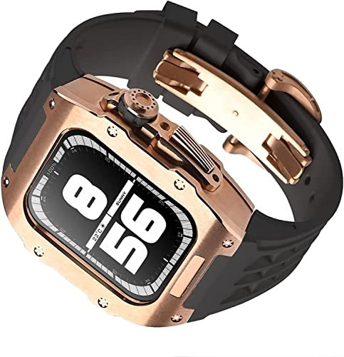 XNWKF Kit de correa de fluoroelastómero de acero inoxidable, para Apple Watch SE 8 7 de 45 mm y 44 mm, marco de metal, correa de goma, accesorios de reloj, para iWatch 6, 5, 4 SE, piezas de repuesto,