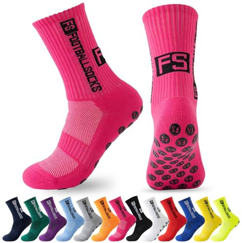 MPXEAVG 3 Paare Socken Fussball, Grip Socken Fußball, Fußballsocken Herren Damen, Rutschfeste Sportsocken für Fussball Basketball Laufen(Rosenrot)