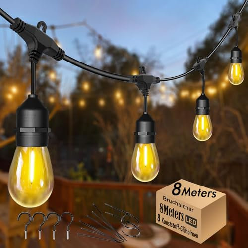 Skeerei 8M Lichterkette Außen Wasserdicht IP65,garten Lichterkette mit 7+1 E27 LED-Lampen 2700K Warmweiß für GartenTerrasse Hochzeiten [Energieklasse G]